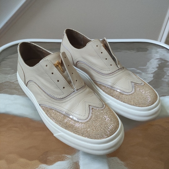 Giuseppe Zanotti Beige Leather Slip On Sneakers with Gold Studs Women's 39 - Picture 3 of 15